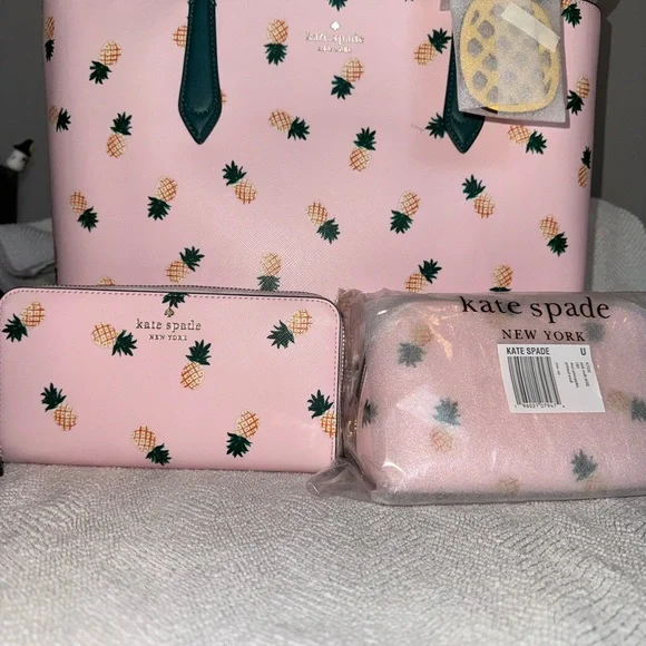 Kate Spade Pink Pineapple Tote, Wallet, and Make-Up Case Set - Picture 1 of 14